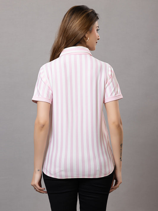 Women's Pink and White Striped Polo T-Shirt, Short Sleeve, Collared Neck