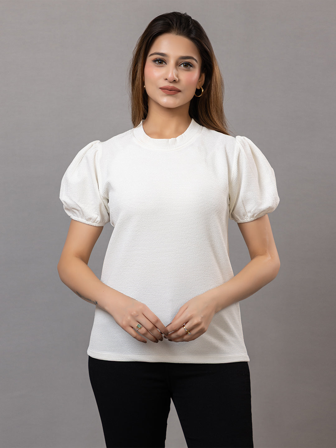 ARISH Women's Puff Sleeve Top, White Textured Knit, Crew Neck, Short Sleeves