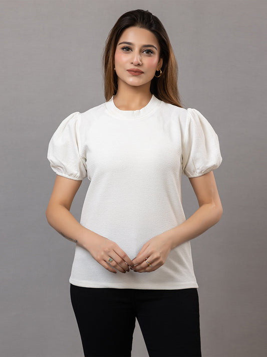 ARISH Women's Puff Sleeve Top, White Textured Knit, Crew Neck, Short Sleeves