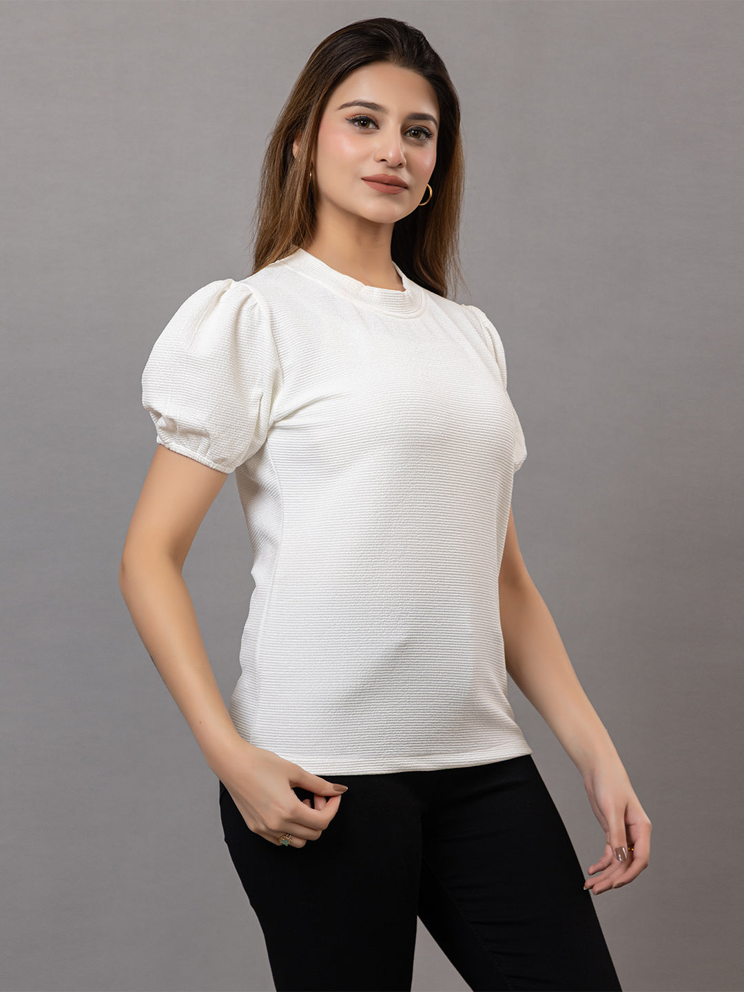 ARISH Women's Puff Sleeve Top, White Textured Knit, Crew Neck, Short Sleeves