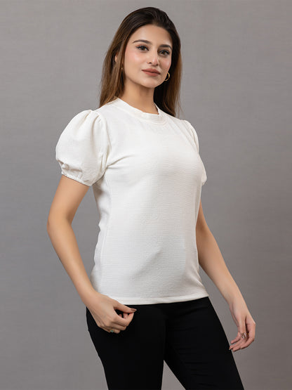 ARISH Women's Puff Sleeve Top, White Textured Knit, Crew Neck, Short Sleeves