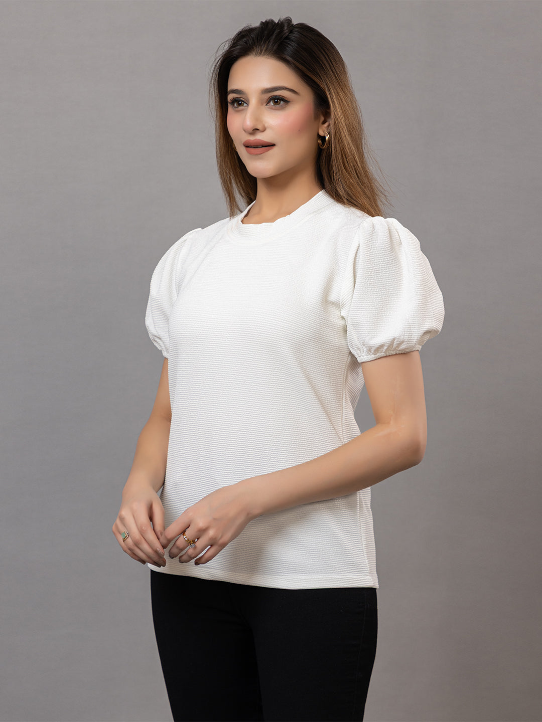 ARISH Women's Puff Sleeve Top, White Textured Knit, Crew Neck, Short Sleeves