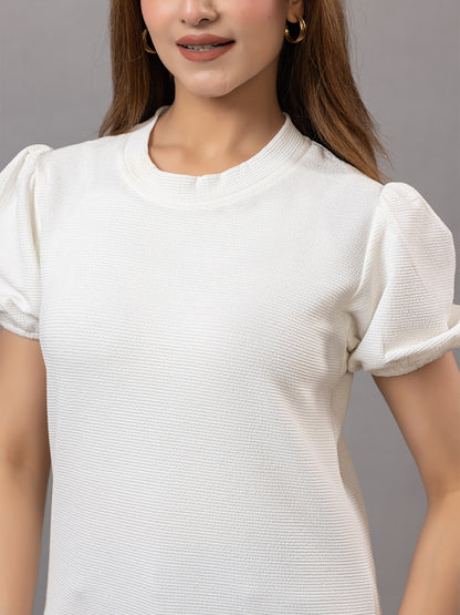ARISH Women's Puff Sleeve Top, White Textured Knit, Crew Neck, Short Sleeves
