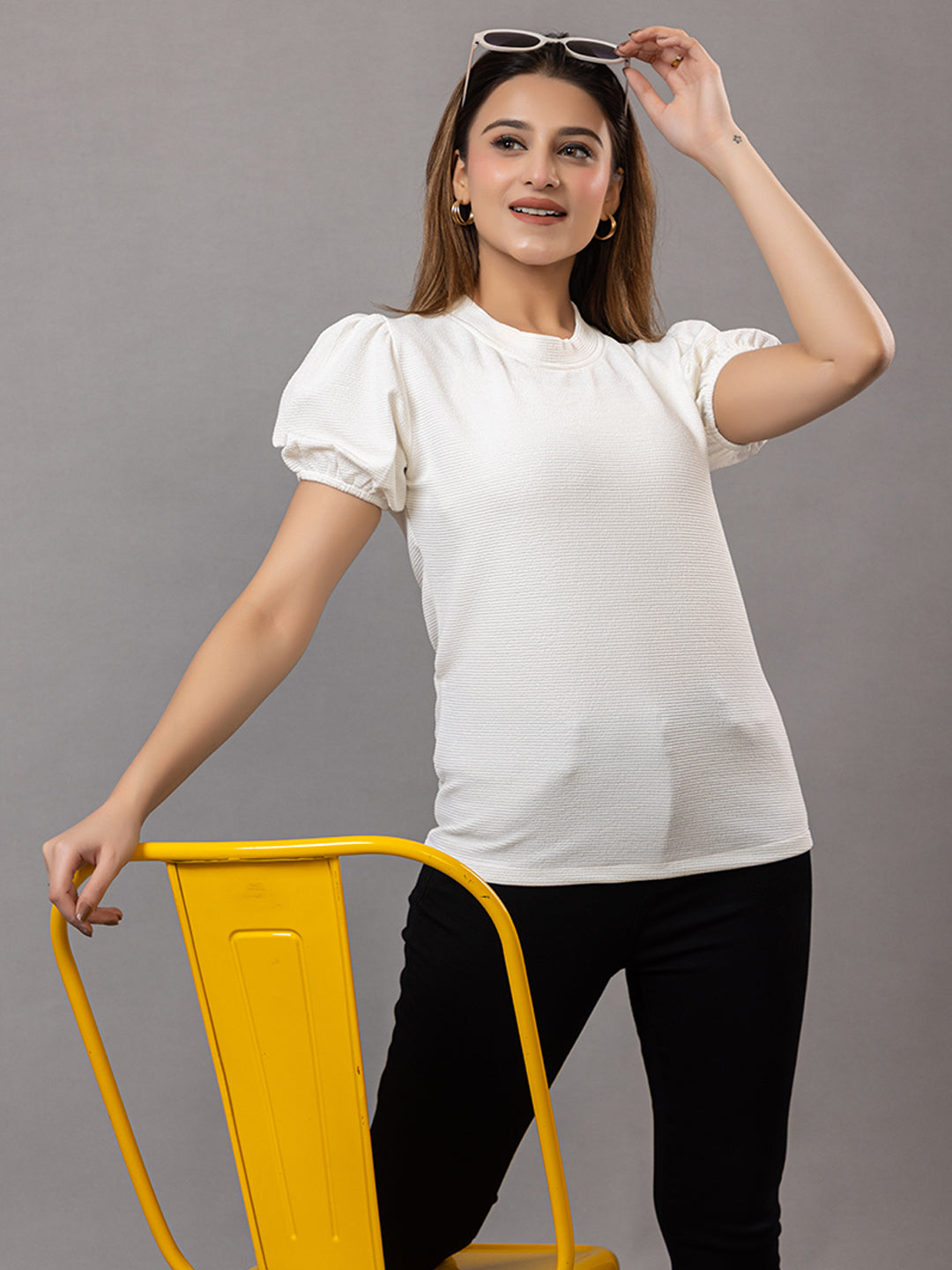 ARISH Women's Puff Sleeve Top, White Textured Knit, Crew Neck, Short Sleeves