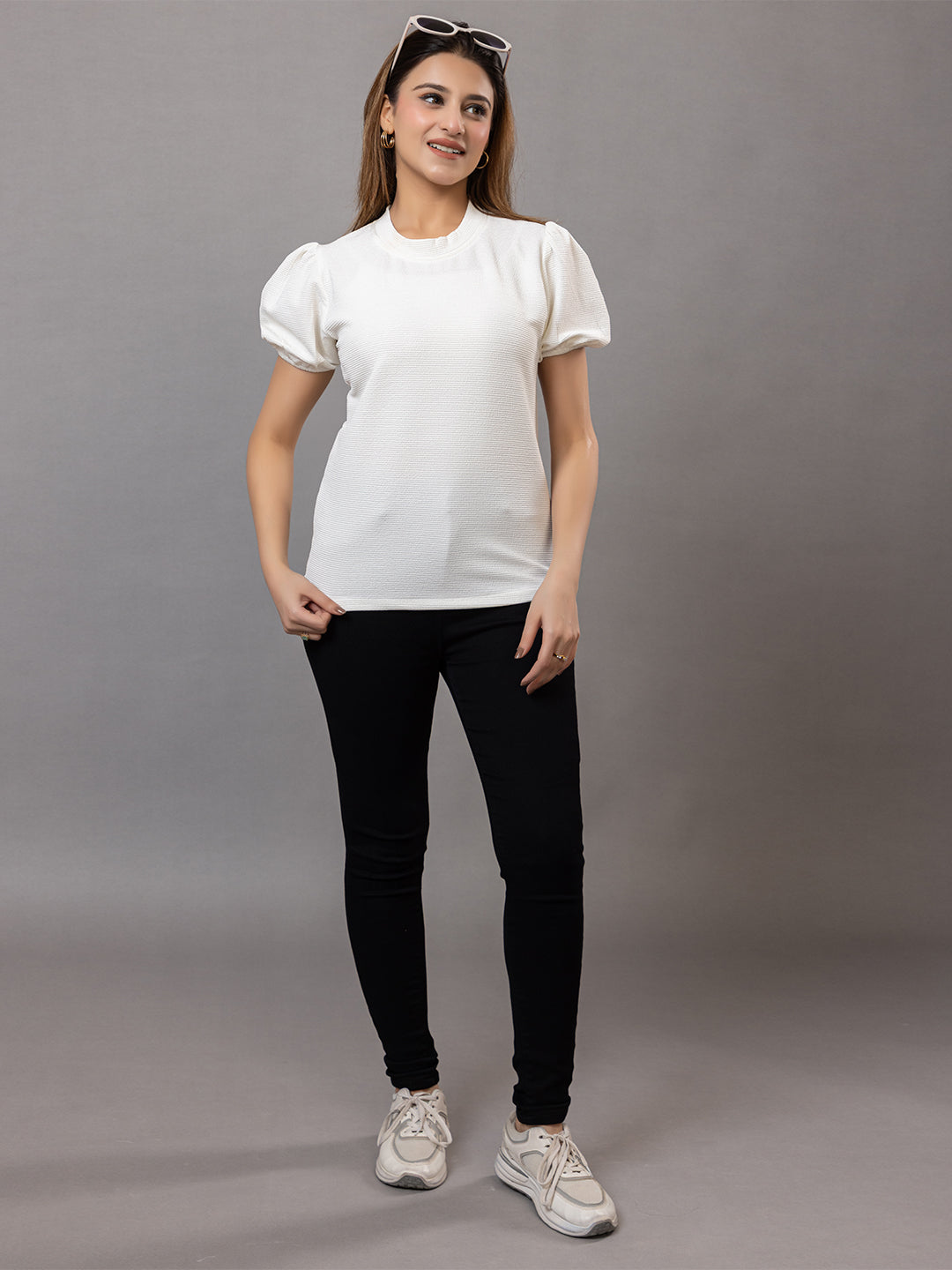 ARISH Women's Puff Sleeve Top, White Textured Knit, Crew Neck, Short Sleeves