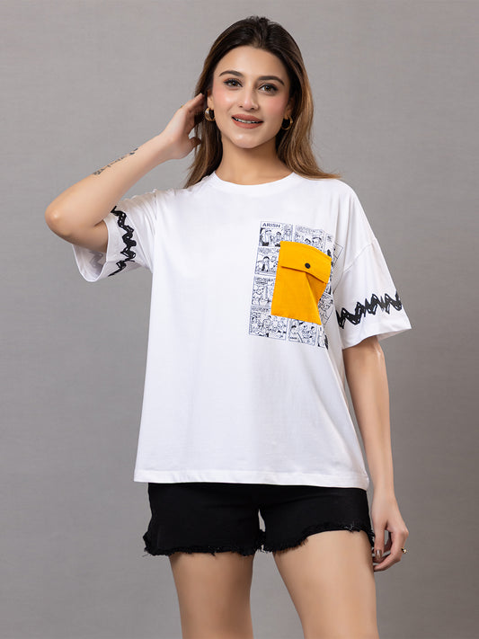 Cotton T-Shirt for |Gym Yoga Sports with Yellow Patch Pocket, Comic Print Design, Black Sleeve Pattern, Loose Fit