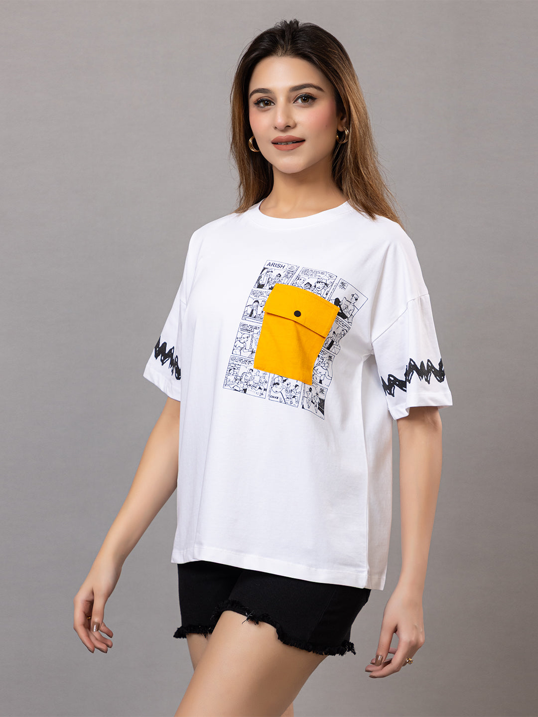 Cotton T-Shirt for |Gym Yoga Sports with Yellow Patch Pocket, Comic Print Design, Black Sleeve Pattern, Loose Fit
