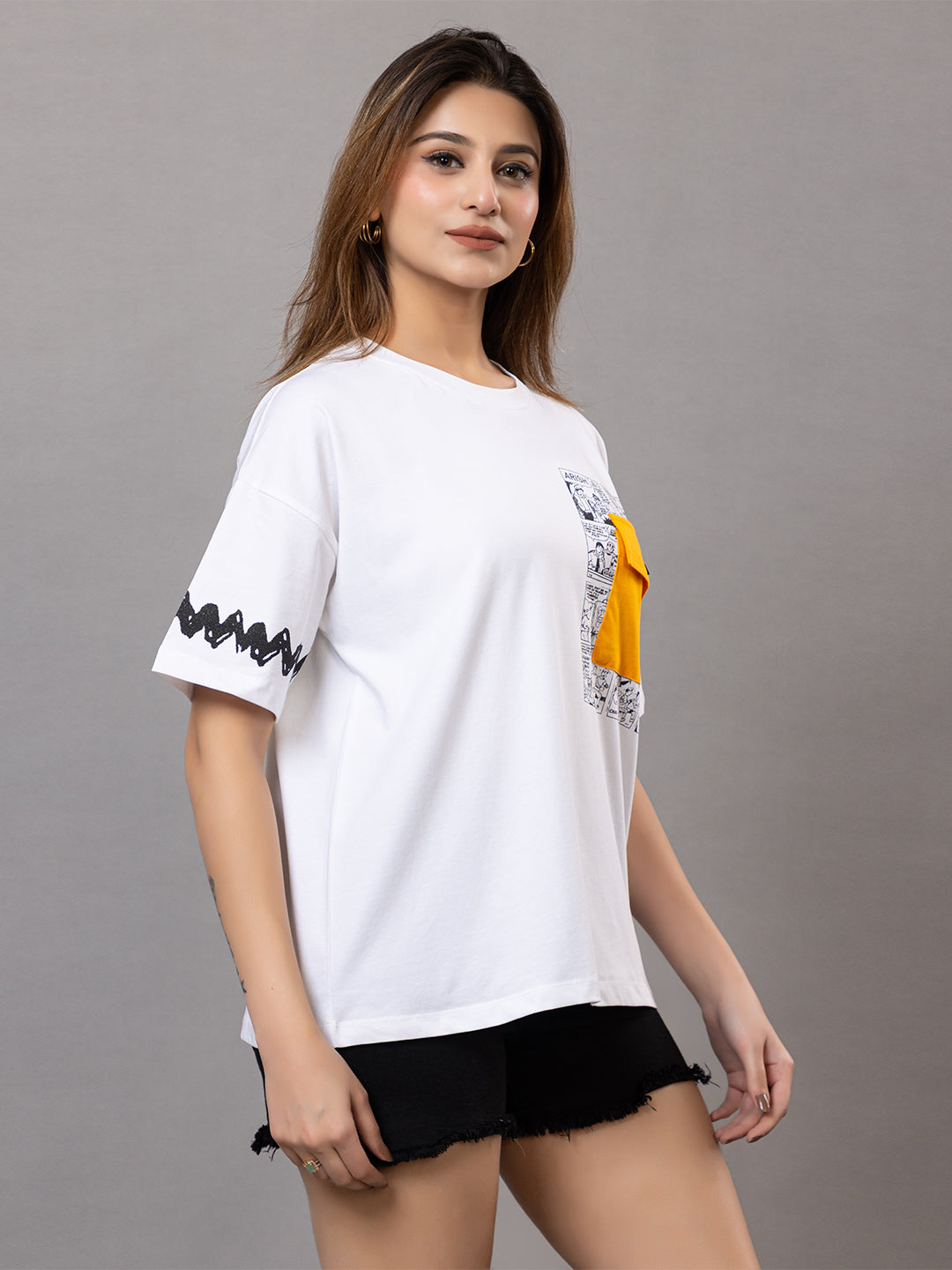 Cotton T-Shirt for |Gym Yoga Sports with Yellow Patch Pocket, Comic Print Design, Black Sleeve Pattern, Loose Fit