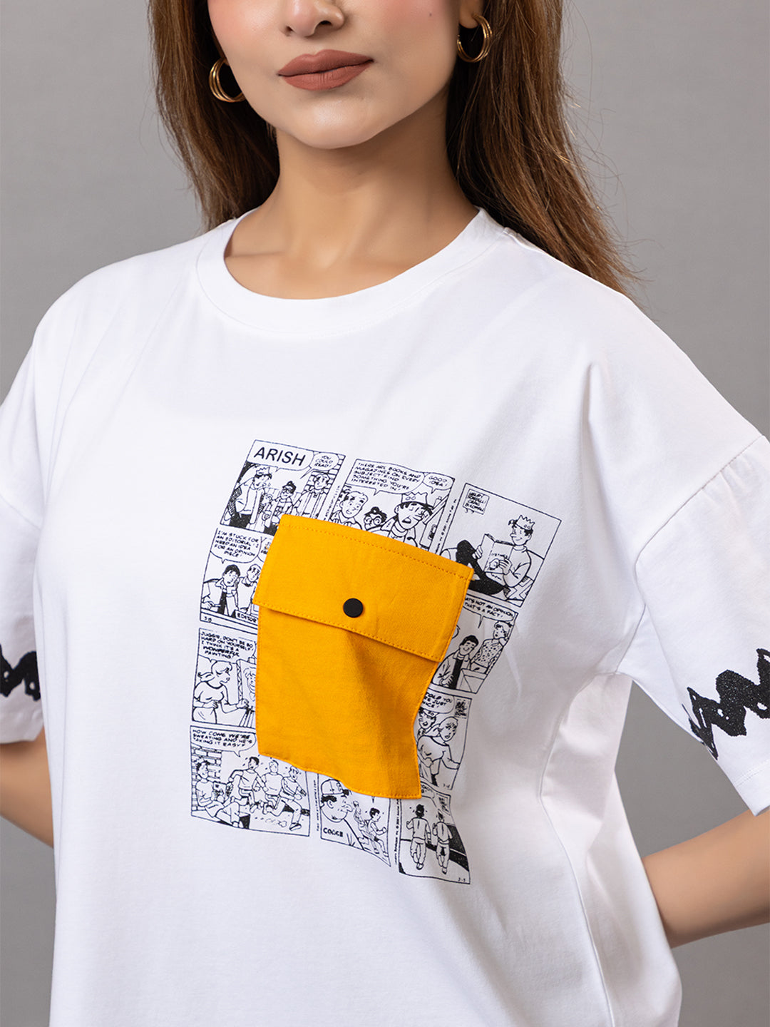 Cotton T-Shirt for |Gym Yoga Sports with Yellow Patch Pocket, Comic Print Design, Black Sleeve Pattern, Loose Fit