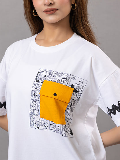 Cotton T-Shirt for |Gym Yoga Sports with Yellow Patch Pocket, Comic Print Design, Black Sleeve Pattern, Loose Fit