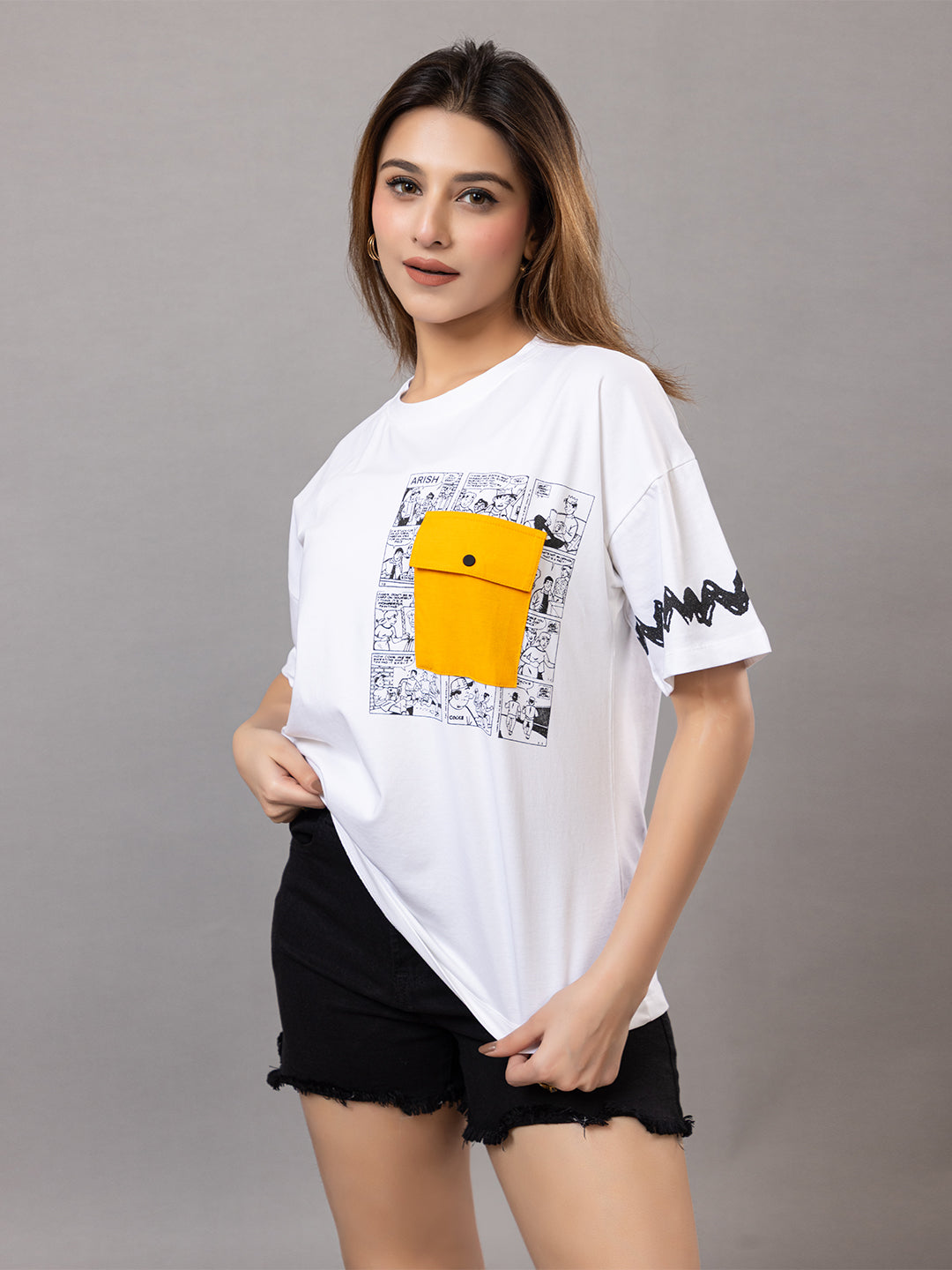 Cotton T-Shirt for |Gym Yoga Sports with Yellow Patch Pocket, Comic Print Design, Black Sleeve Pattern, Loose Fit
