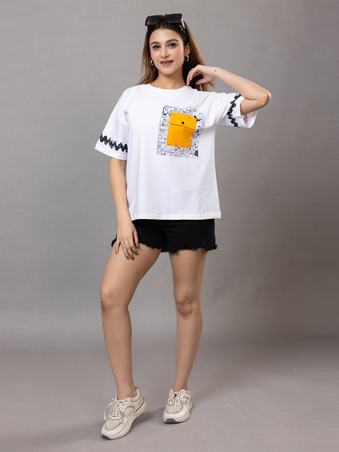 Cotton T-Shirt for |Gym Yoga Sports with Yellow Patch Pocket, Comic Print Design, Black Sleeve Pattern, Loose Fit