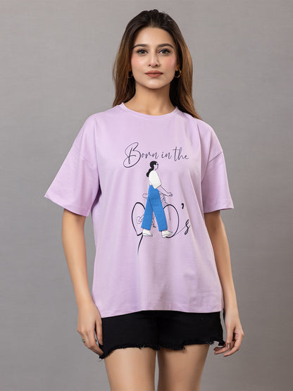 Women's Graphic T-Shirt for |Gym| Yoga| Sports| Lavender, Bicycle Print Design, Oversized Fit