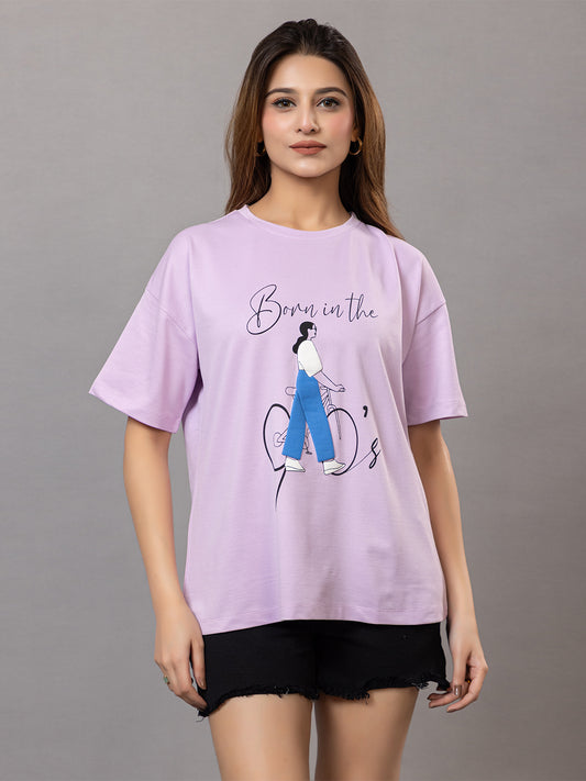 Women's Graphic T-Shirt for |Gym| Yoga| Sports| Lavender, Bicycle Print Design, Oversized Fit