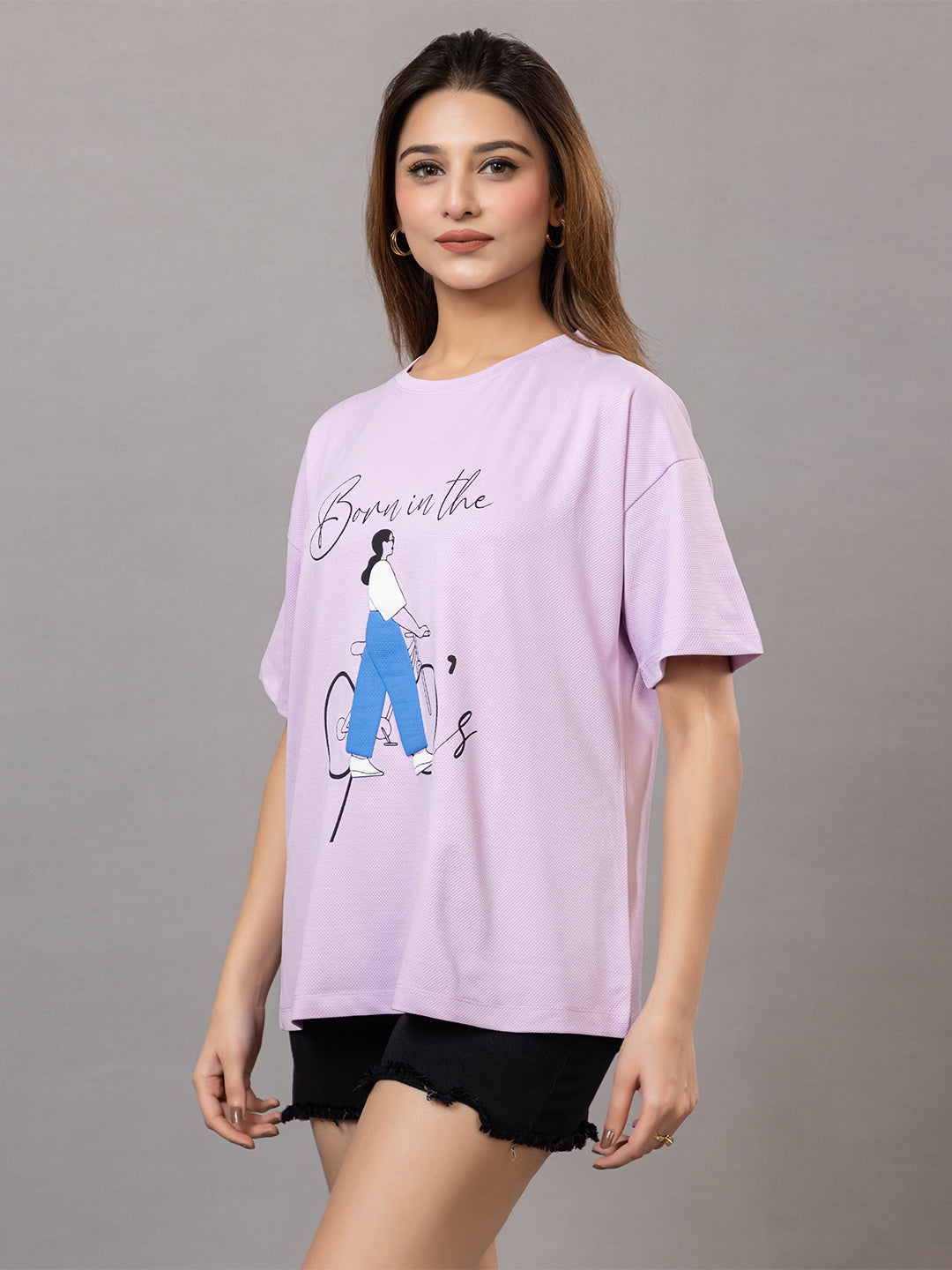 Women's Graphic T-Shirt for |Gym| Yoga| Sports| Lavender, Bicycle Print Design, Oversized Fit