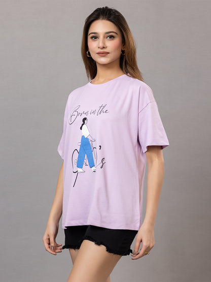 Women's Graphic T-Shirt for |Gym| Yoga| Sports| Lavender, Bicycle Print Design, Oversized Fit