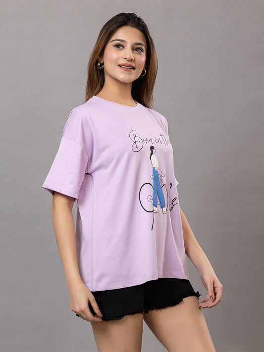 Women's Graphic T-Shirt for |Gym| Yoga| Sports| Lavender, Bicycle Print Design, Oversized Fit