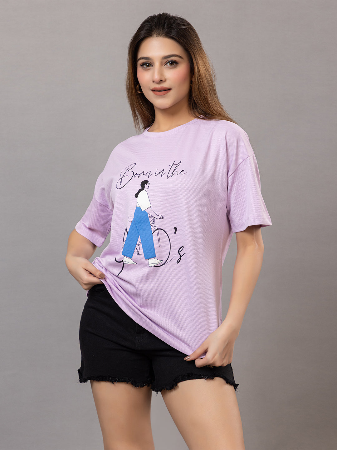 Women's Graphic T-Shirt for |Gym| Yoga| Sports| Lavender, Bicycle Print Design, Oversized Fit