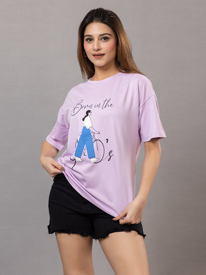 Women's Graphic T-Shirt for |Gym| Yoga| Sports| Lavender, Bicycle Print Design, Oversized Fit
