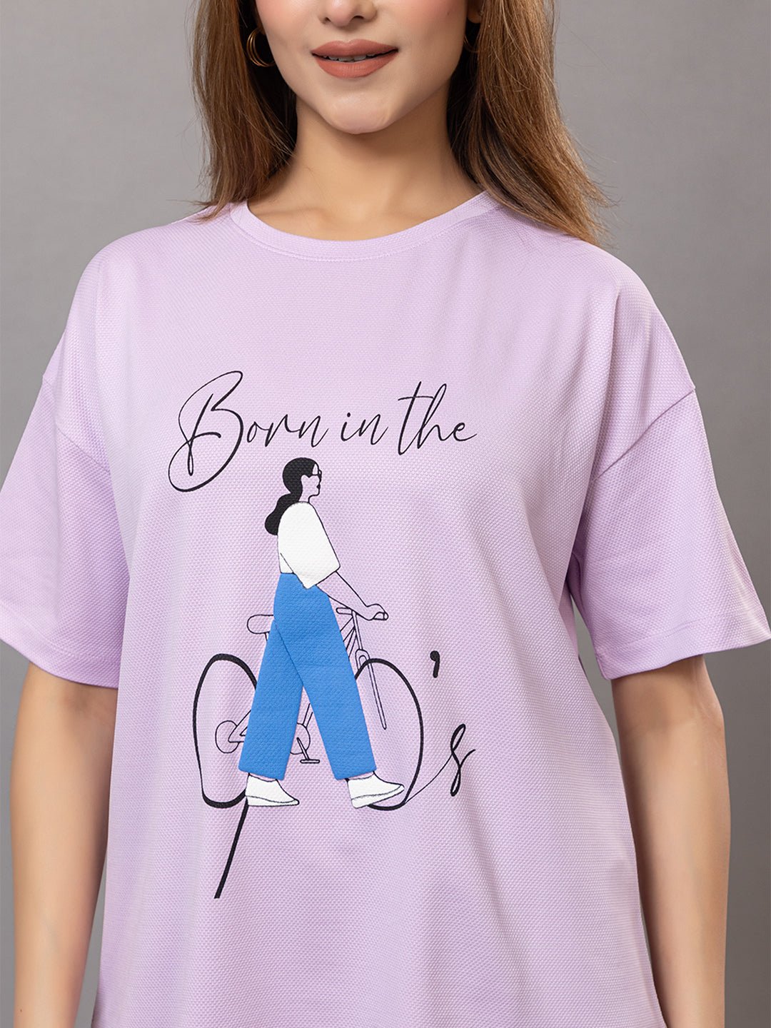 Women's Graphic T-Shirt for |Gym| Yoga| Sports| Lavender, Bicycle Print Design, Oversized Fit