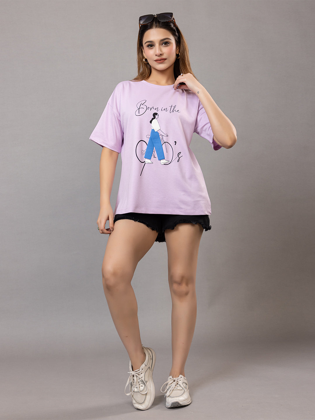 Women's Graphic T-Shirt for |Gym| Yoga| Sports| Lavender, Bicycle Print Design, Oversized Fit