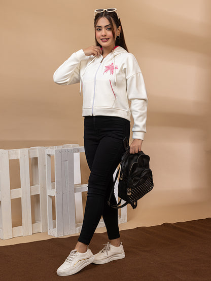 White Zip-Up Hoodie with Pink Starfish Graphic, Drawstring Hood, Front Pockets, Casual Sweatshirt