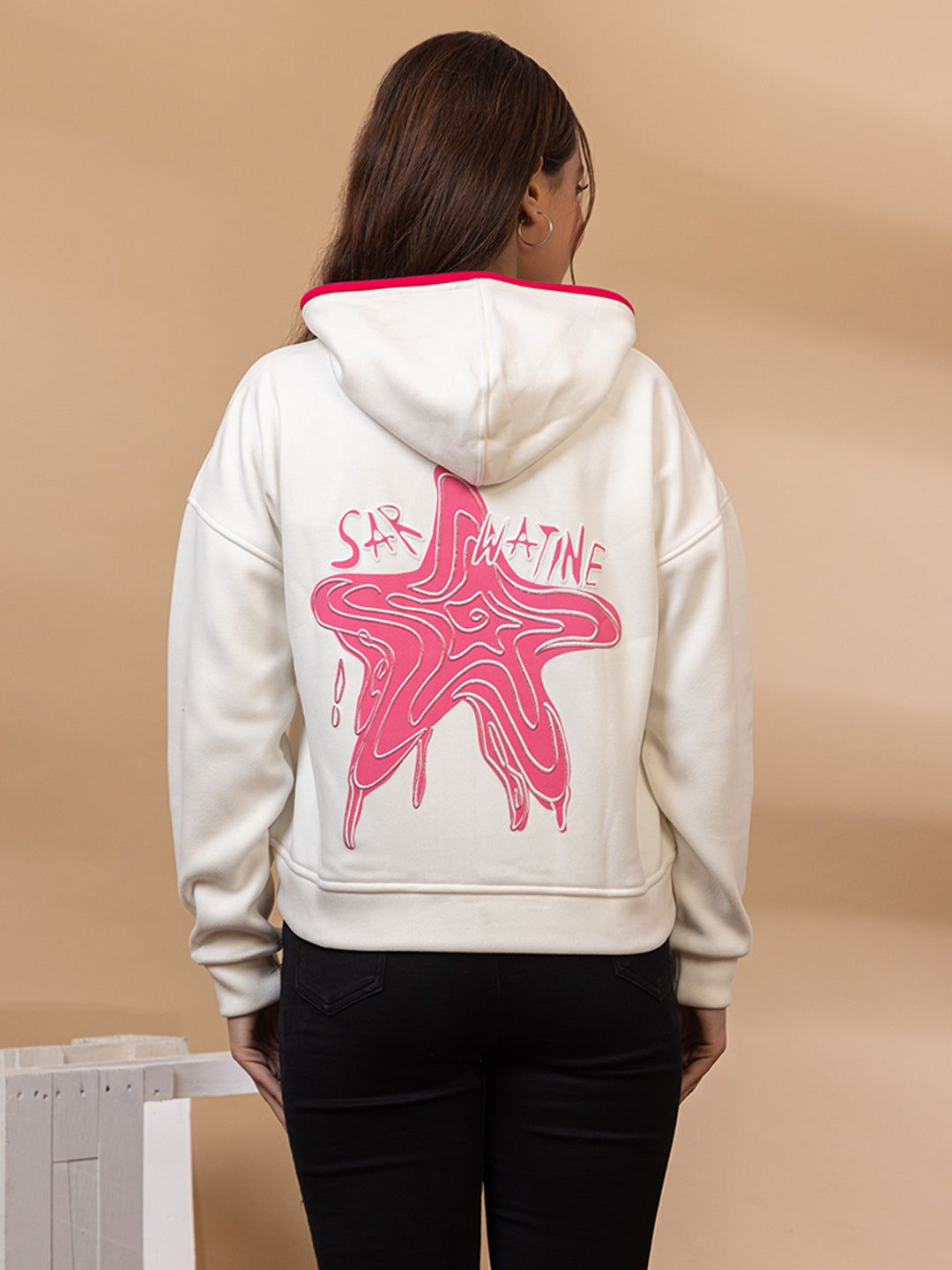 White Zip-Up Hoodie with Pink Starfish Graphic, Drawstring Hood, Front Pockets, Casual Sweatshirt