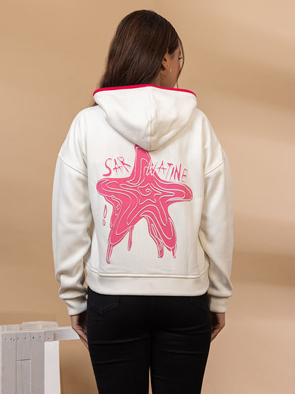 White Zip-Up Hoodie with Pink Starfish Graphic, Drawstring Hood, Front Pockets, Casual Sweatshirt