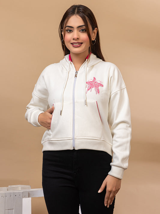 White Zip-Up Hoodie with Pink Starfish Graphic, Drawstring Hood, Front Pockets, Casual Sweatshirt