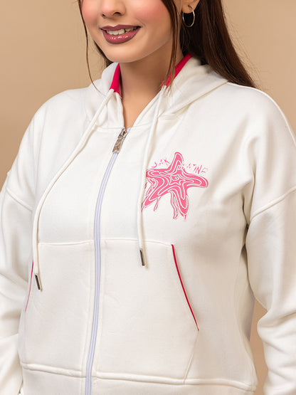White Zip-Up Hoodie with Pink Starfish Graphic, Drawstring Hood, Front Pockets, Casual Sweatshirt