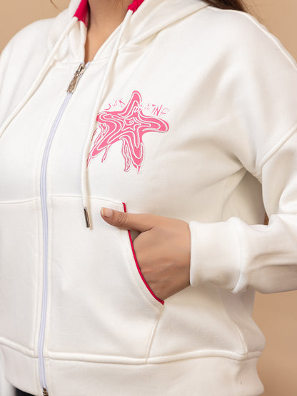 White Zip-Up Hoodie with Pink Starfish Graphic, Drawstring Hood, Front Pockets, Casual Sweatshirt