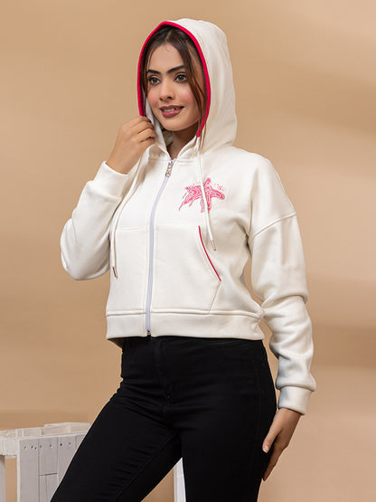 White Zip-Up Hoodie with Pink Starfish Graphic, Drawstring Hood, Front Pockets, Casual Sweatshirt