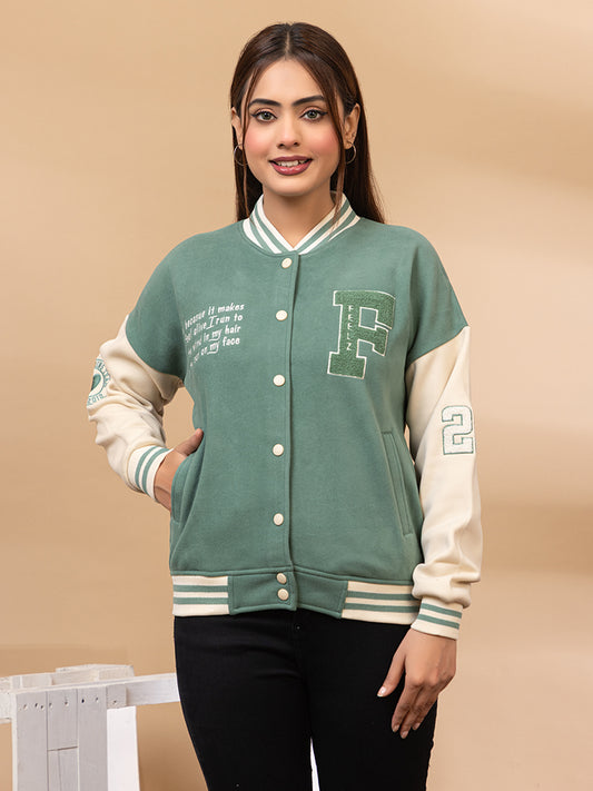 ARISH Varsity Jacket, Onion/Green Cream Red, Imported Fleece Polyester