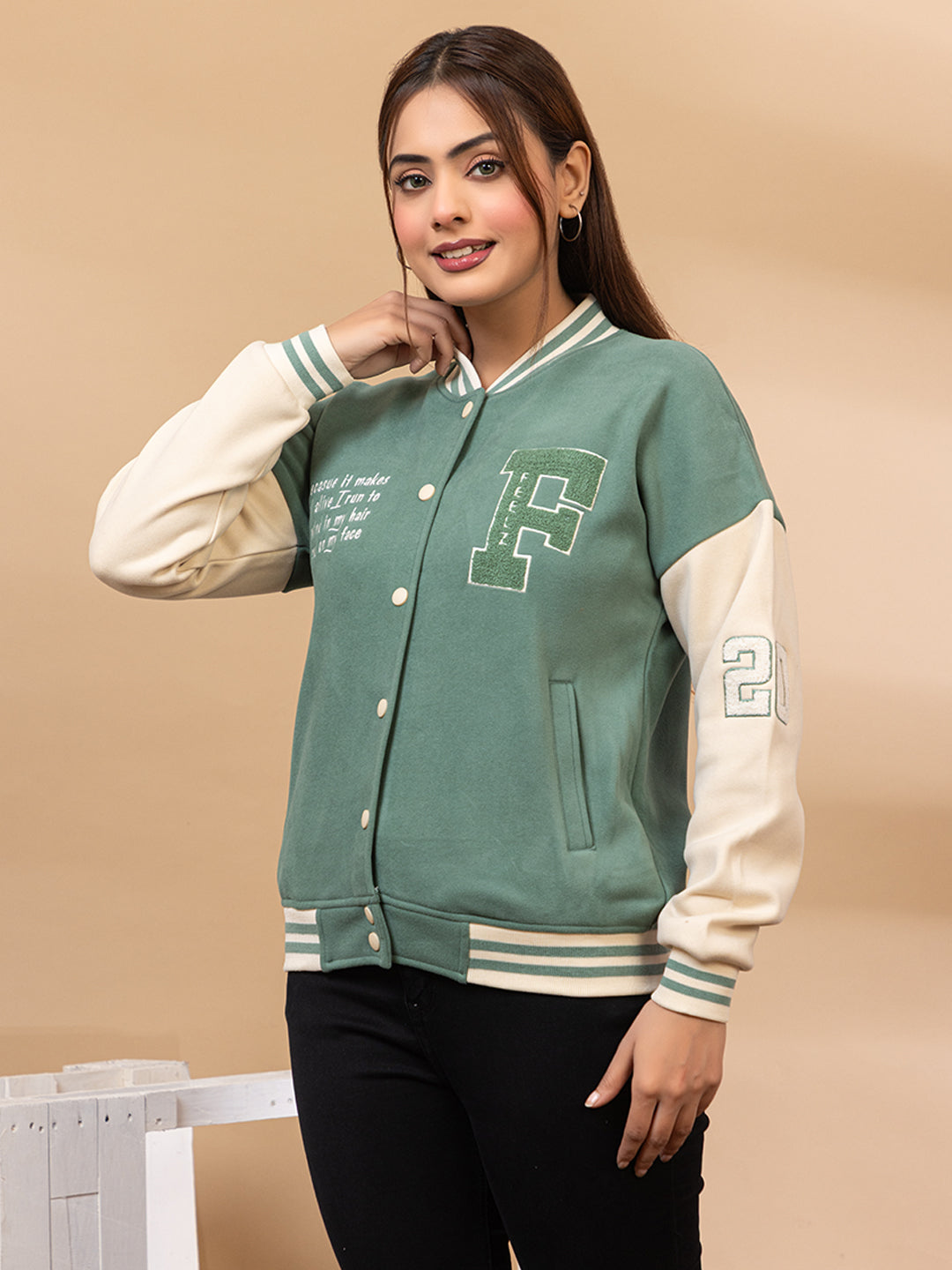 ARISH Varsity Jacket, Onion/Green Cream Red, Imported Fleece Polyester