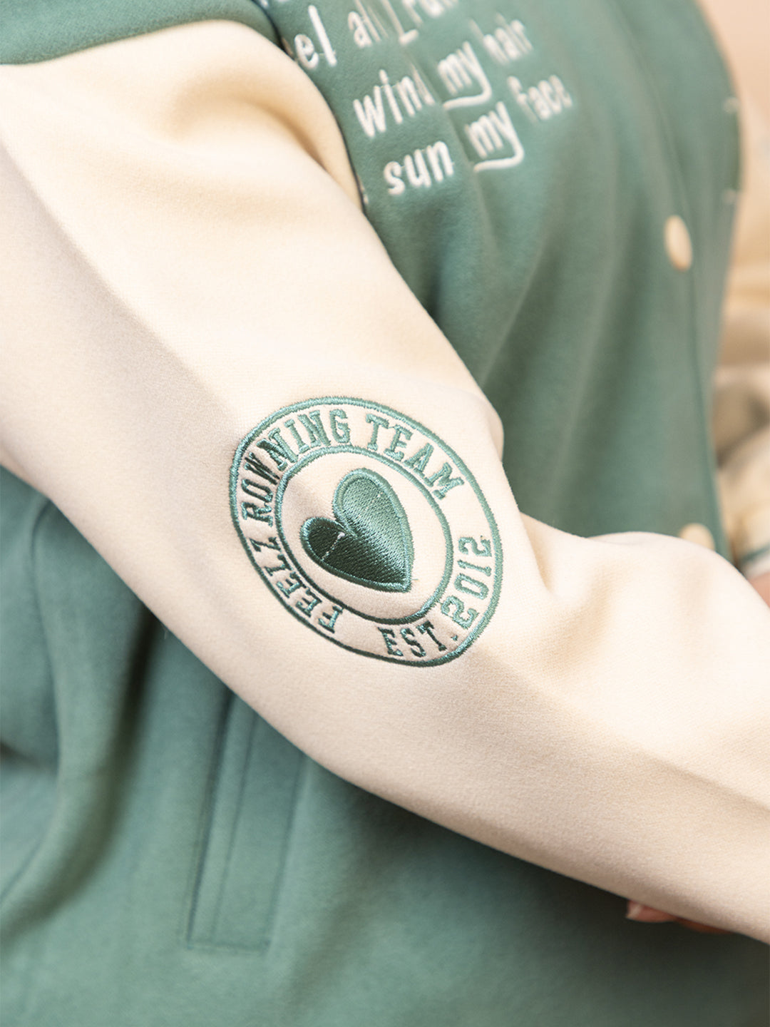 ARISH Varsity Jacket, Onion/Green Cream Red, Imported Fleece Polyester