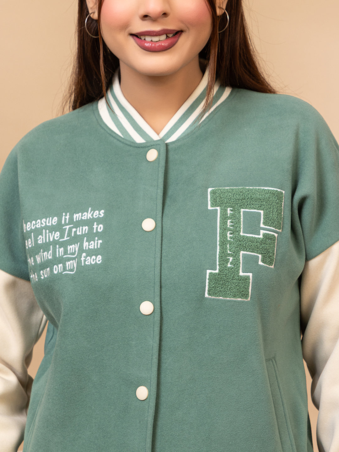 ARISH Varsity Jacket, Onion/Green Cream Red, Imported Fleece Polyester