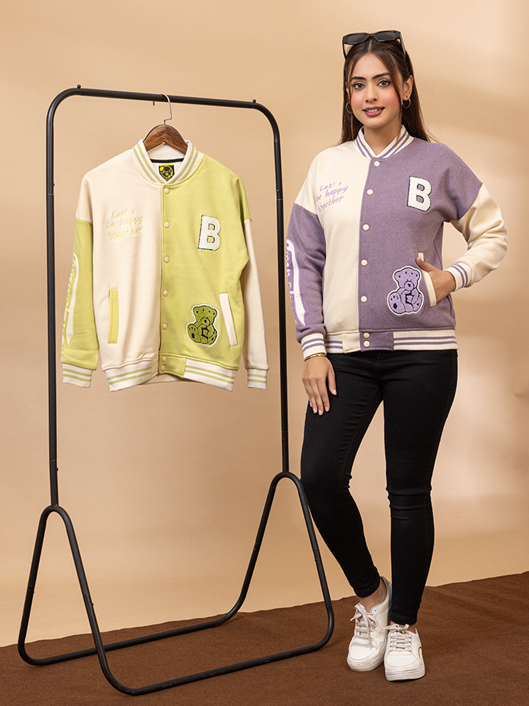 ARISH Lavender/Green Cream Varsity Fleece Polyester Jacket, Imported