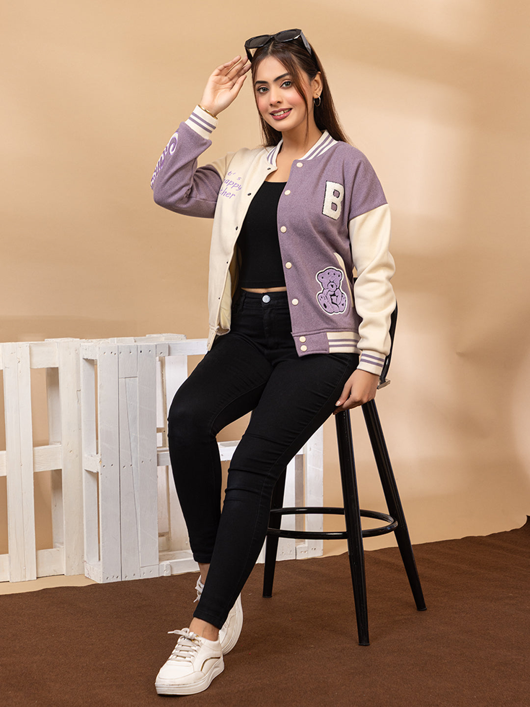 ARISH Lavender/Green Cream Varsity Fleece Polyester Jacket, Imported