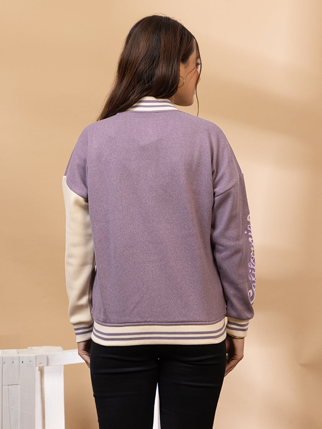 ARISH Lavender/Green Cream Varsity Fleece Polyester Jacket, Imported