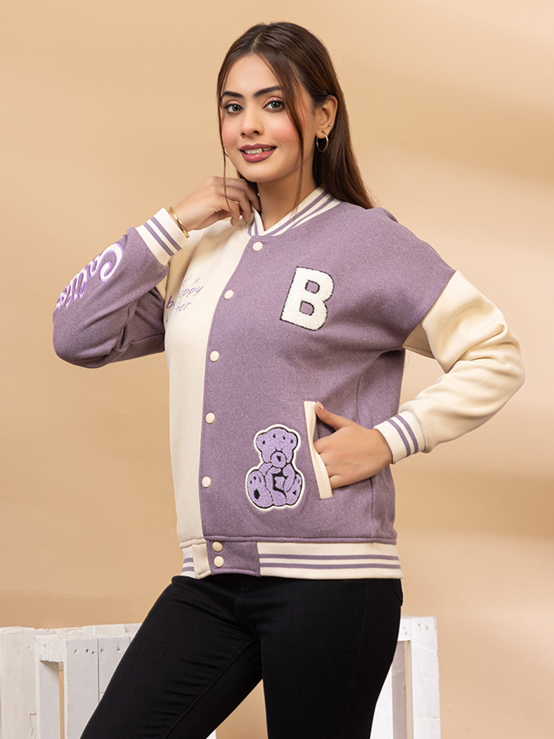 ARISH Lavender/Green Cream Varsity Fleece Polyester Jacket, Imported