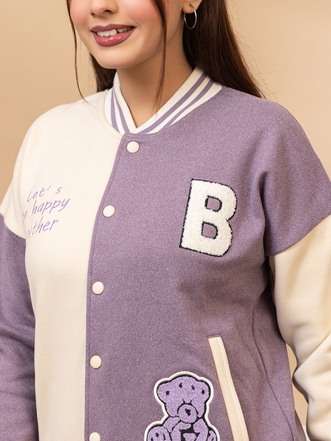 ARISH Lavender/Green Cream Varsity Fleece Polyester Jacket, Imported