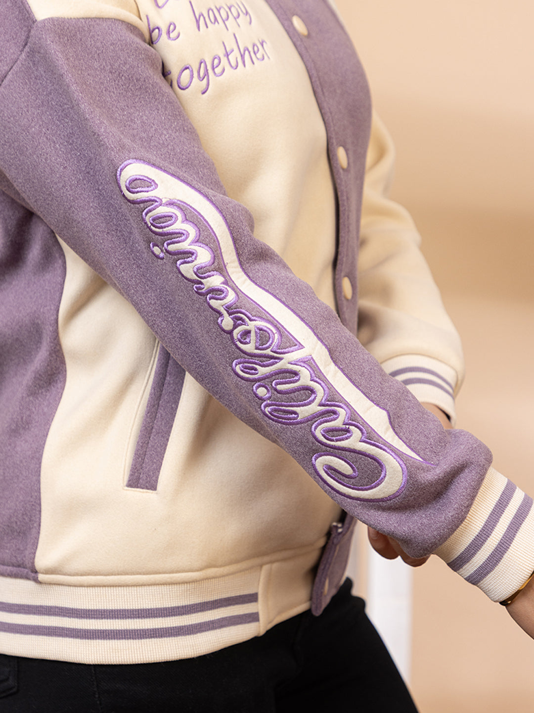 ARISH Lavender/Green Cream Varsity Fleece Polyester Jacket, Imported