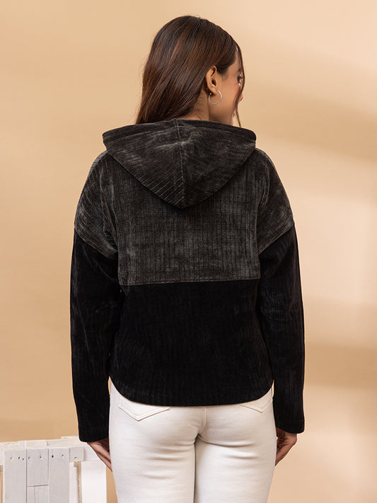 Women's Ribbed Corduroy Cropped Hoodie, Two-Tone Black and Grey, Long Sleeve Pullover Sweatshirt with Drawstring