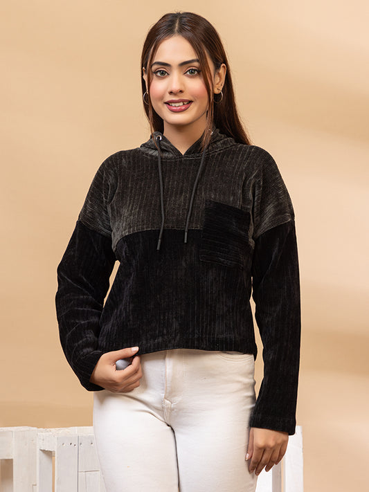 Women's Ribbed Corduroy Cropped Hoodie, Two-Tone Black and Grey, Long Sleeve Pullover Sweatshirt with Drawstring