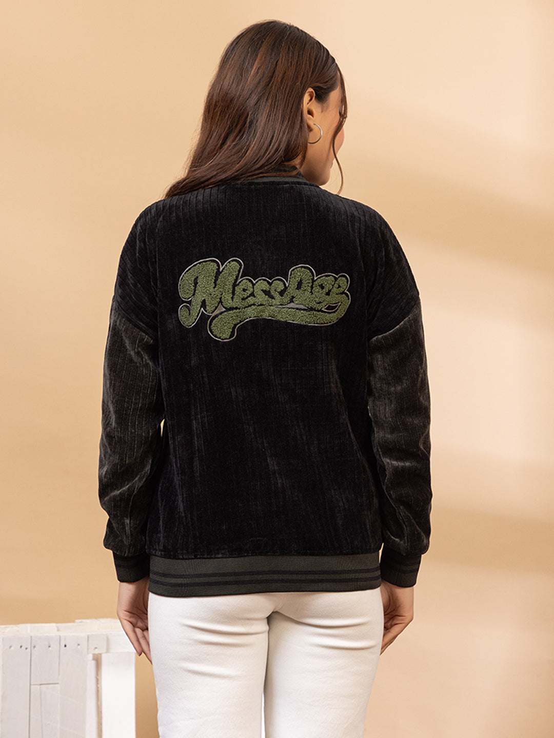 Black Corduroy Varsity Jacket for Women with Olive Green Patches, Button Front Bomber Style