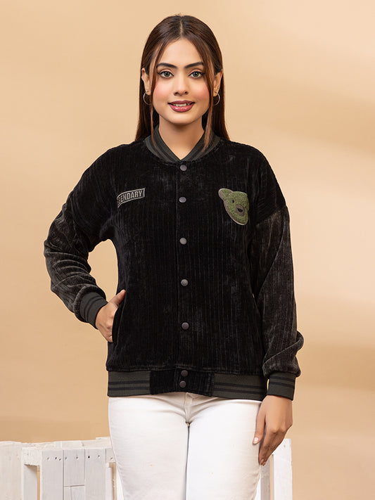 Black Corduroy Varsity Jacket for Women with Olive Green Patches, Button Front Bomber Style