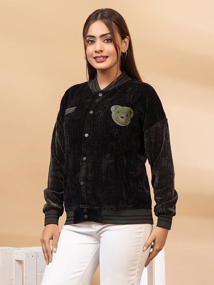 Black Corduroy Varsity Jacket for Women with Olive Green Patches, Button Front Bomber Style