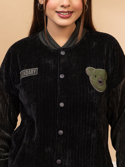 Black Corduroy Varsity Jacket for Women with Olive Green Patches, Button Front Bomber Style