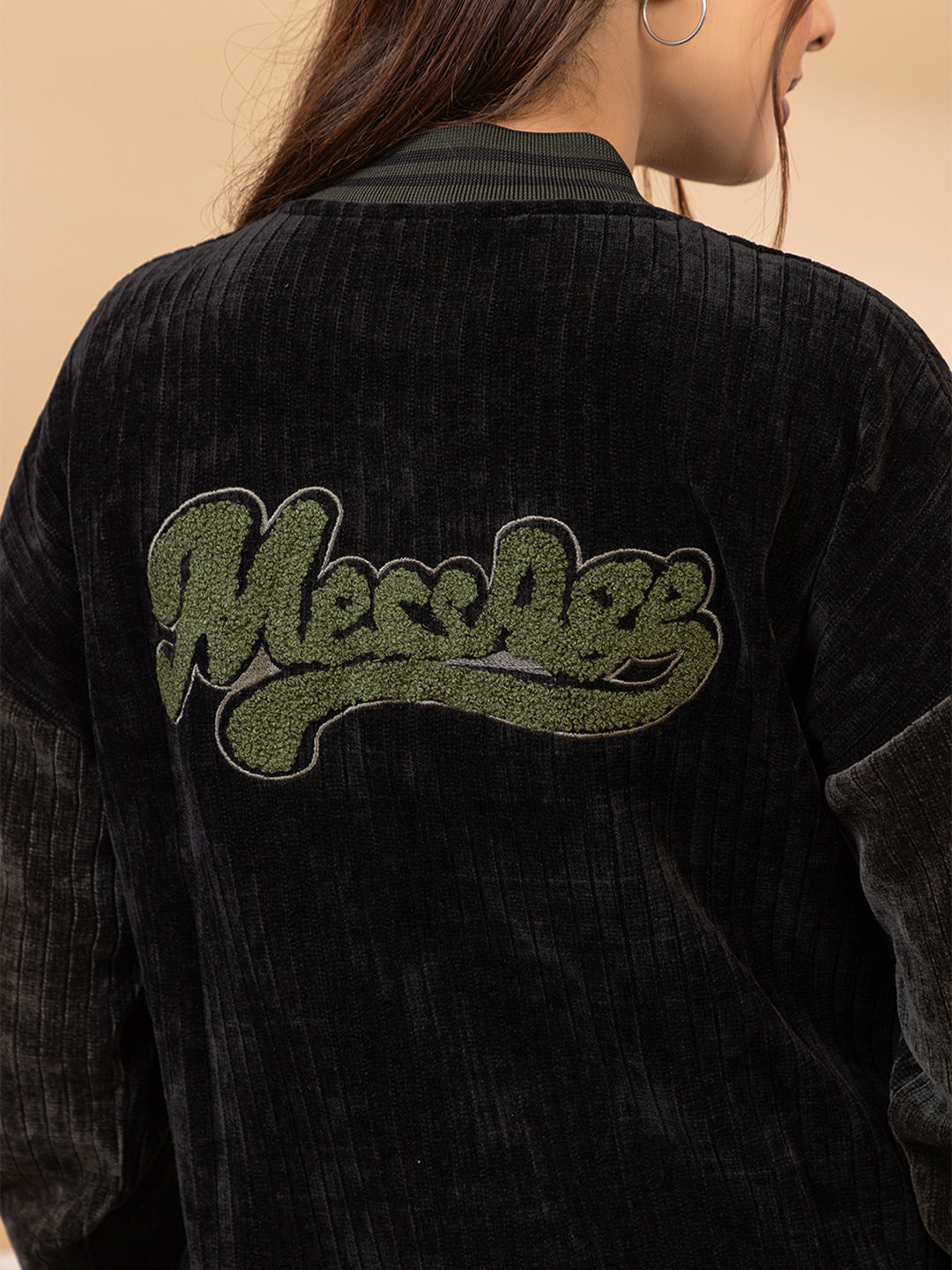 Black Corduroy Varsity Jacket for Women with Olive Green Patches, Button Front Bomber Style