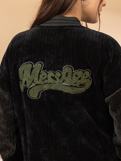 Black Corduroy Varsity Jacket for Women with Olive Green Patches, Button Front Bomber Style